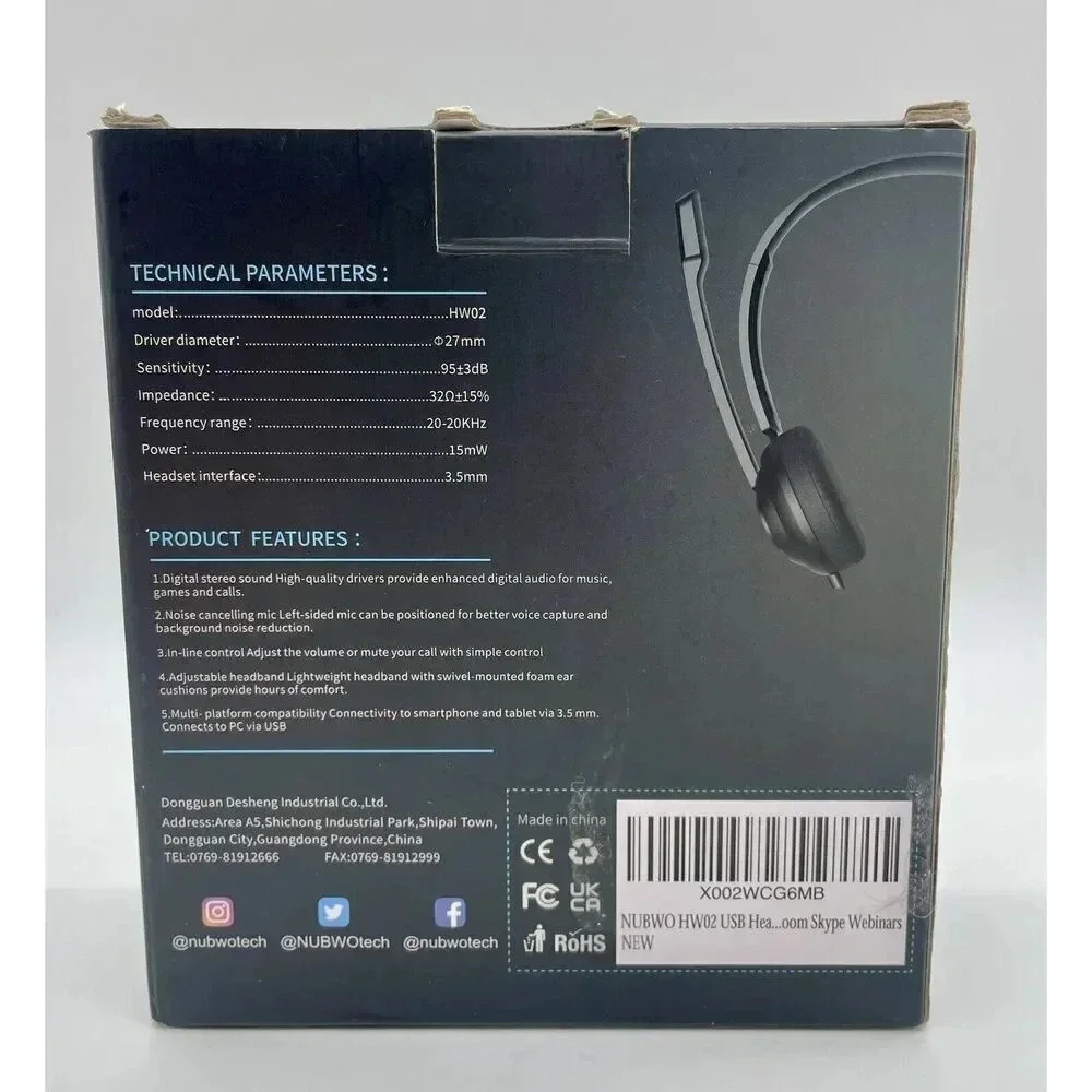 NUBWO HW02 USB Headset With Microphone Noise Cancelling & In-Line Control‎ W/Bag